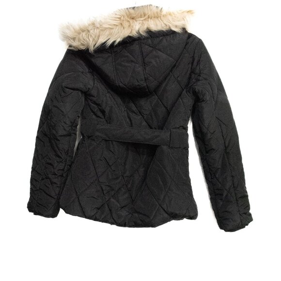 Jeane blush Womens Quilted Black Hooded Coat With Faux Fur Trim & Belted Waist S - Picture 5 of 8